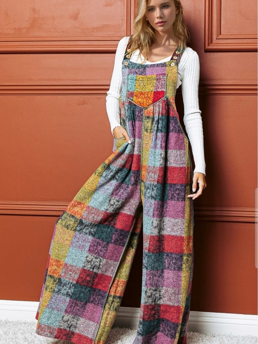 Double Take Boho Multicolored Plaid Sleeveless Wide Leg Jumpsuit Overalls XL